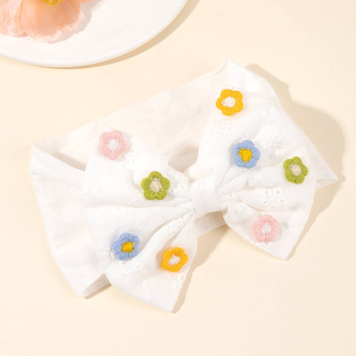 White Big Bow Baby headband with multicoloredflowers 